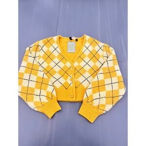 New H&M Jacquard-Knit Yellow Argyle Sweater Womens Size Small